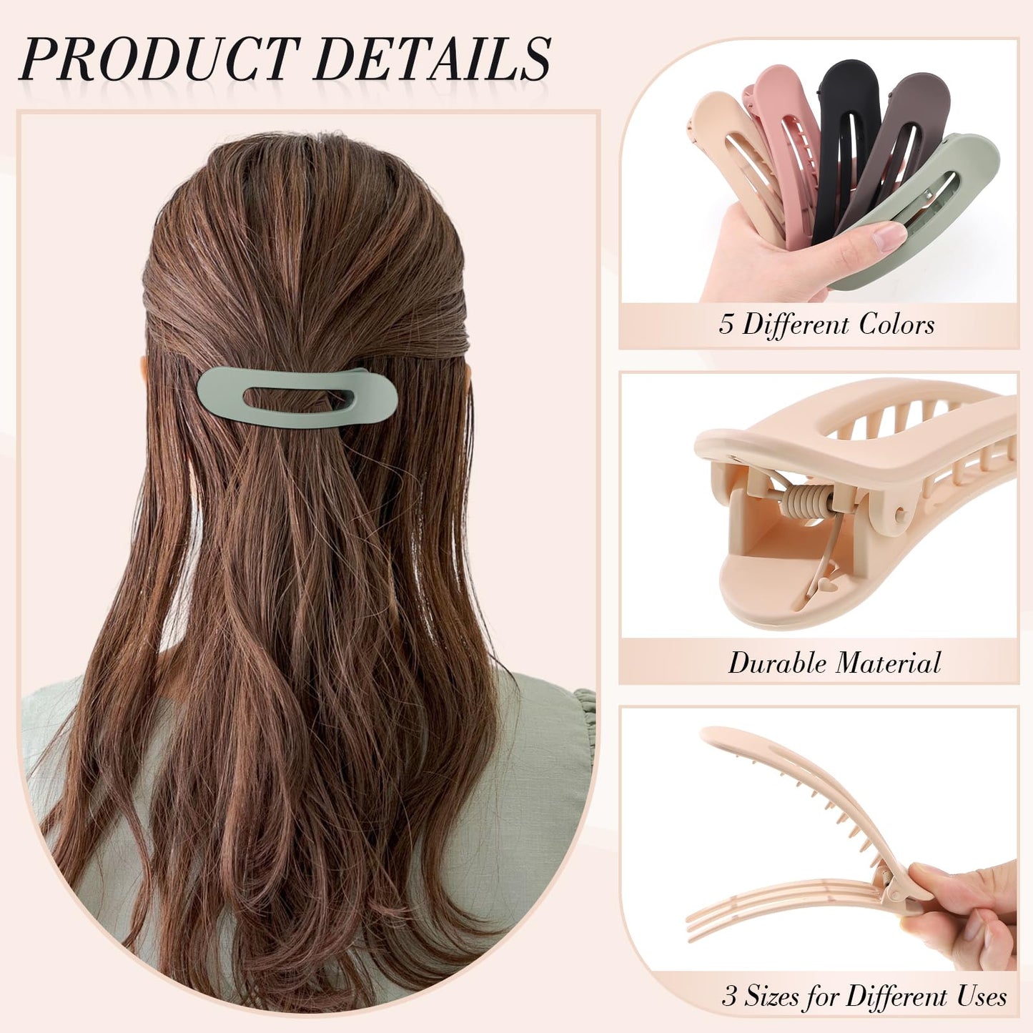 15 PCS Flat Hair Clips, 5 Colors Flat Claw Clips 3 Sizes Hair Claws for Women Girls Thin Hair