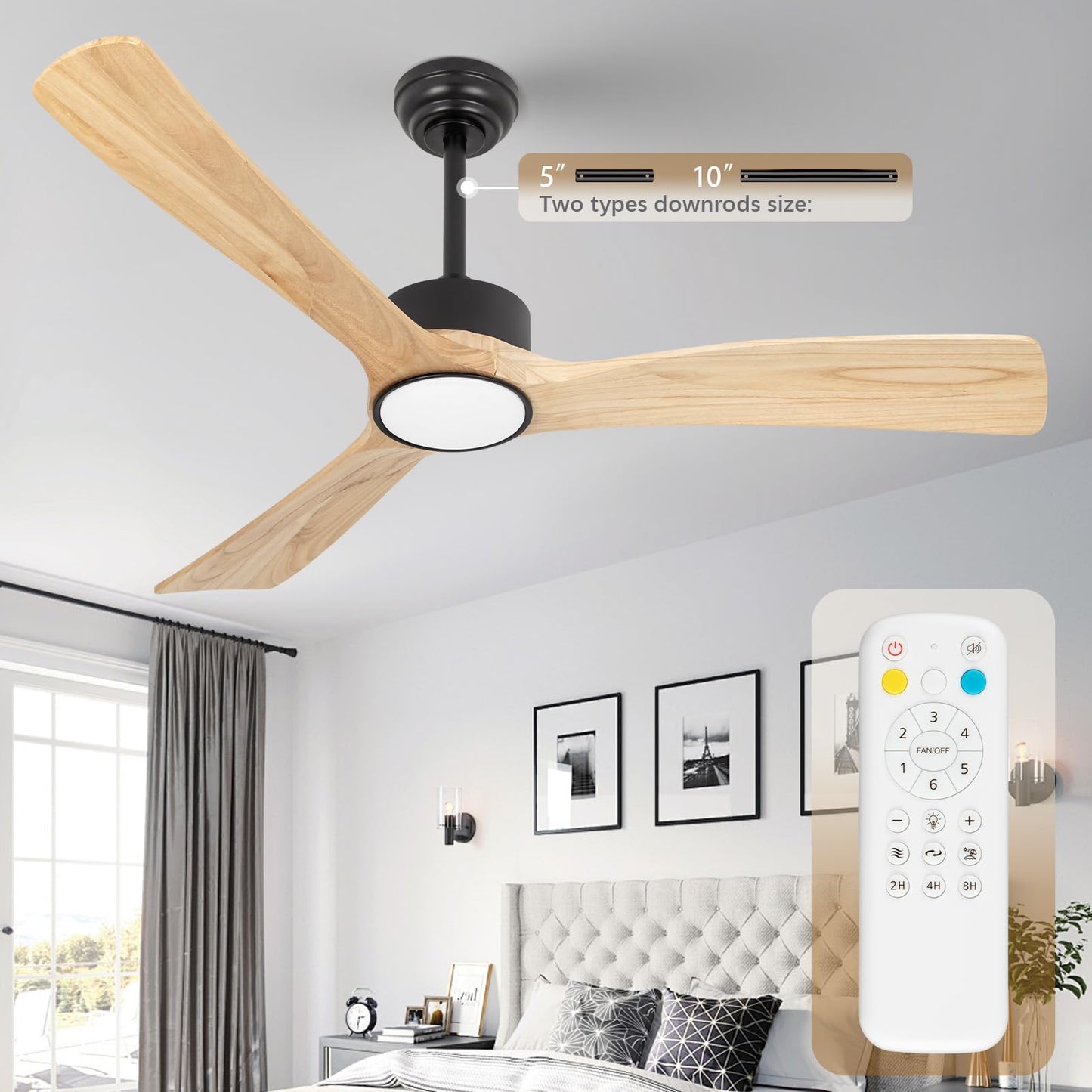 iTni 52inch Ceiling Fan with Lights,Downroad Ceiling Fans with Remote Control,3 Wooden Blades,Dimmable Light,6 Speeds,Noiseless,Ceiling Fan for Bedroom,Living Room,Office,Indoor,Natural Wood Grain