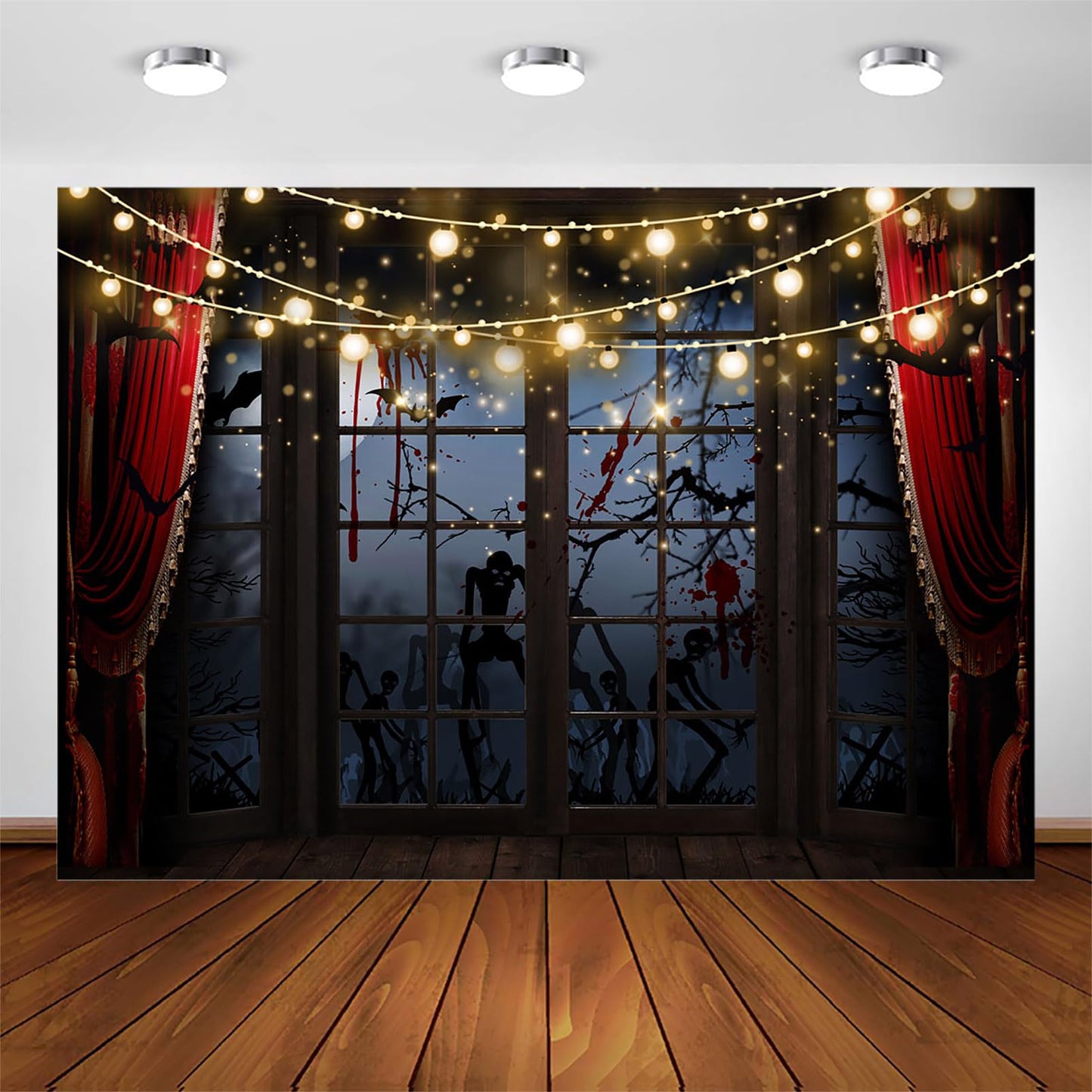 Avezano Halloween Backdrop for Photography Horrible Night Window Scene Background Cemetery Spooky Skeleton Zombie Scary Halloween Party Decorations Photo Booth Banner (7x5ft)