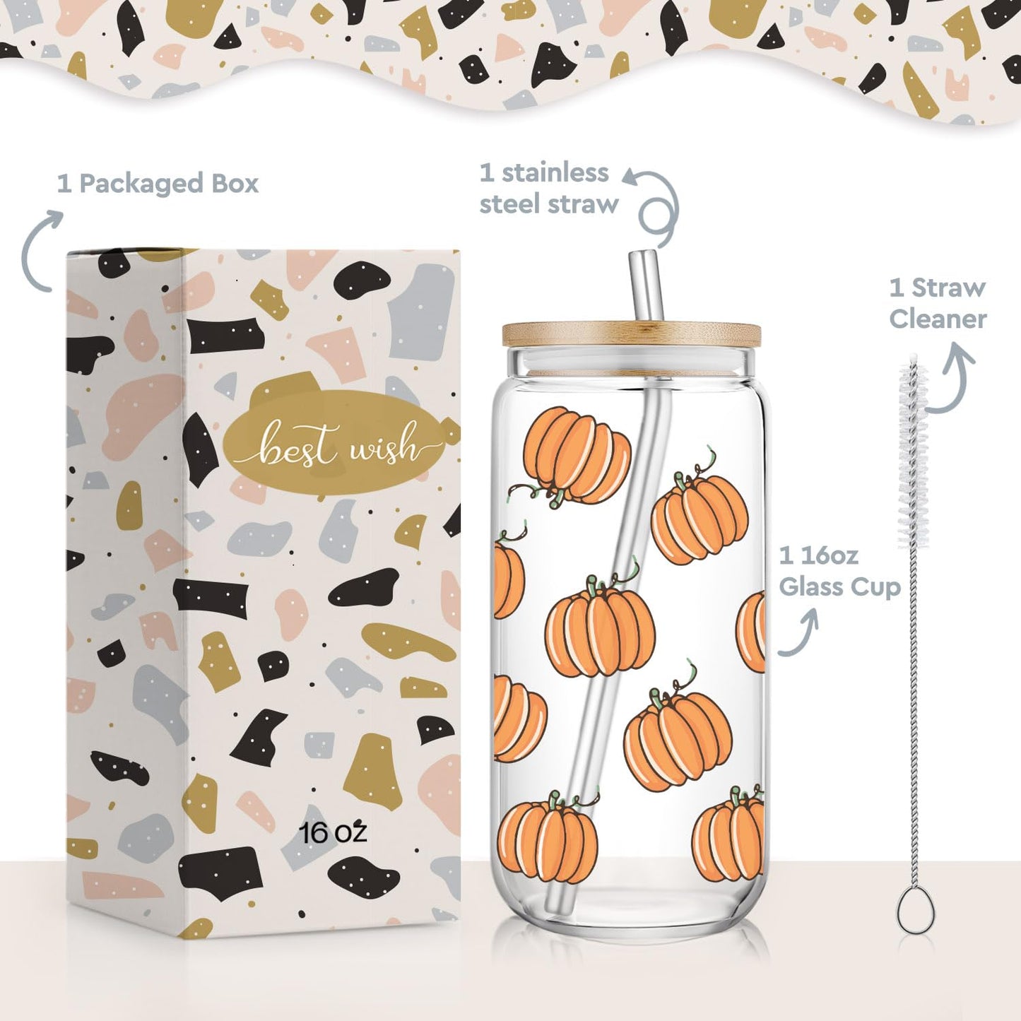 SEWSONG Fall Pumpkin Cup Birthday Gifts for Women Mom Friend Sister,Thanksgiving Glass Tumbler,Pumpkin Mug Glass Cup with Lids and Straws 16oz,Fall Coffee Cups,Halloween Coffee Tumbler