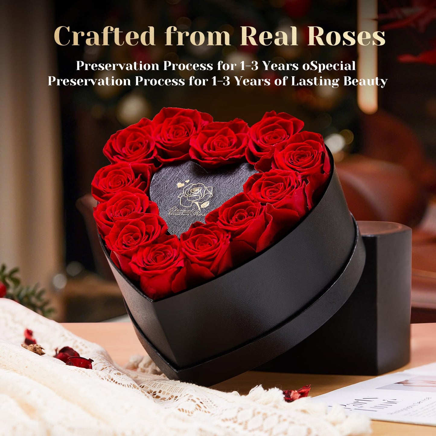 Anthonic 12 Preserved Roses in Heart-Shaped Box - Eternal Love Gift, Long-Lasting Roses for Her - Forever Flowers - Ideal for Valentine's Day, Anniversaries, Mother's Day - Elegant Display Box