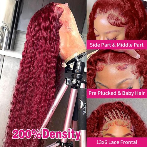 Fuduete 99J Burgundy Deep Wave 13x6 Lace Front Wigs Human Hair 200% Density Lace Frontal Wigs Human Hair Pre Plucked 99j Burgundy Deep Curly Wave HD Lace Front Wigs for Women (16Inch)