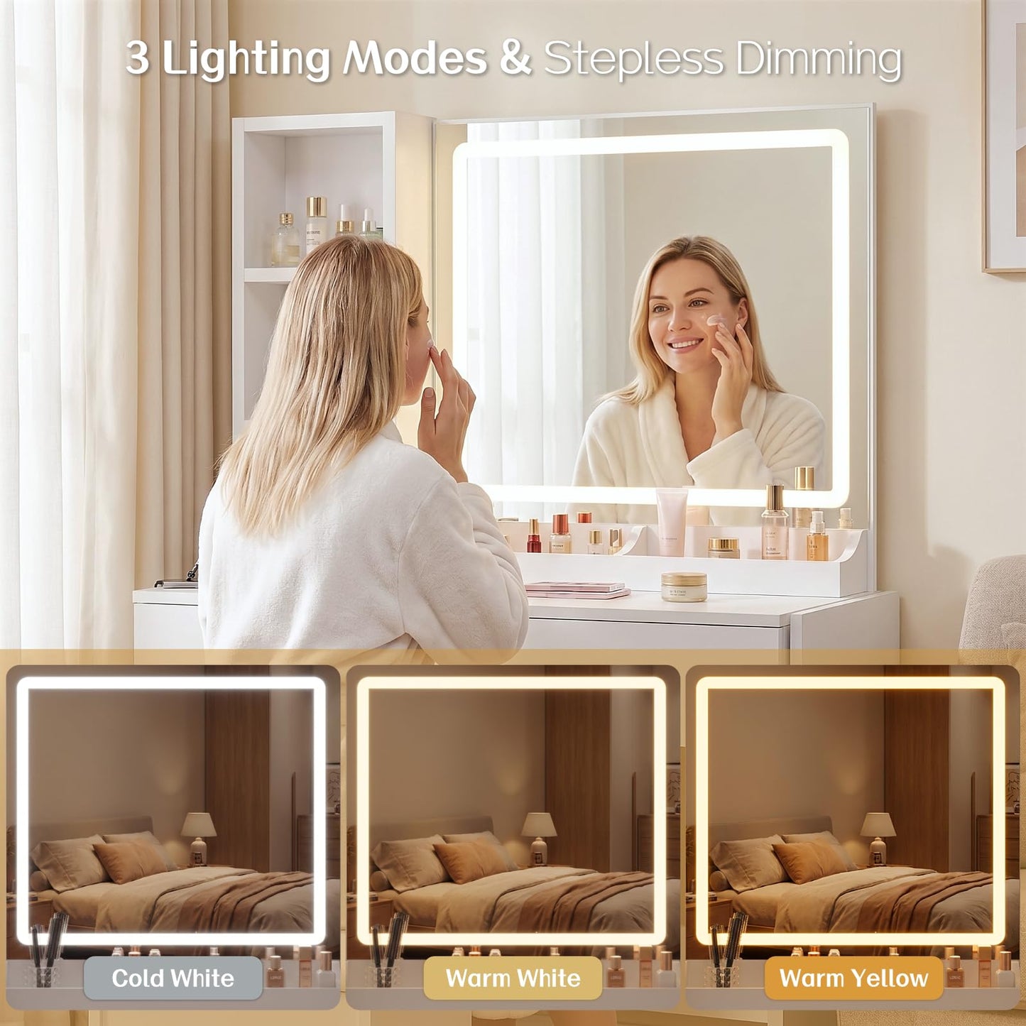 FUXA Vanity Desk with LED Lights Mirror and Charging Station, Makeup Vanity Table with Storage Drawers, Cabinet and Chair, Dressing Table Set for Bedroom, White