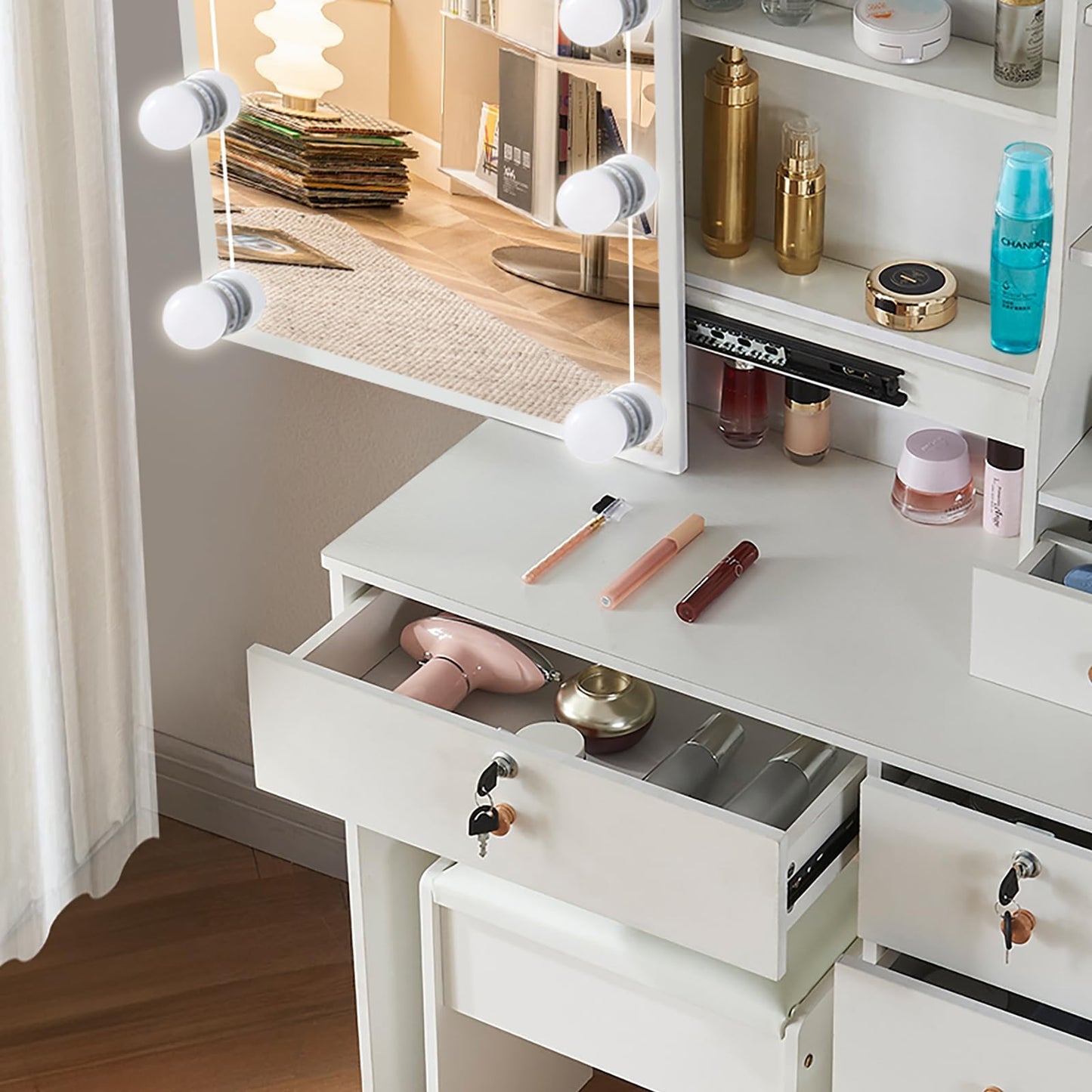 onesaimei Makeup Vanity with Mirror and Lights, Vanity Desk with 5 Drawers & Multiple Shelves, Vanity Table with Cushioned Stool for Bedroom & Makeup Room, White