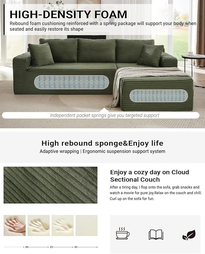 Vanress Cloud Couch Sectional, Corduroy Boneless Couch with L-Shape Chaise, Modern Modular Sectional Sofa Comfy Deep Seat for Living Room, Bedroom, No Assembly (Green, Right Facing Chaise)