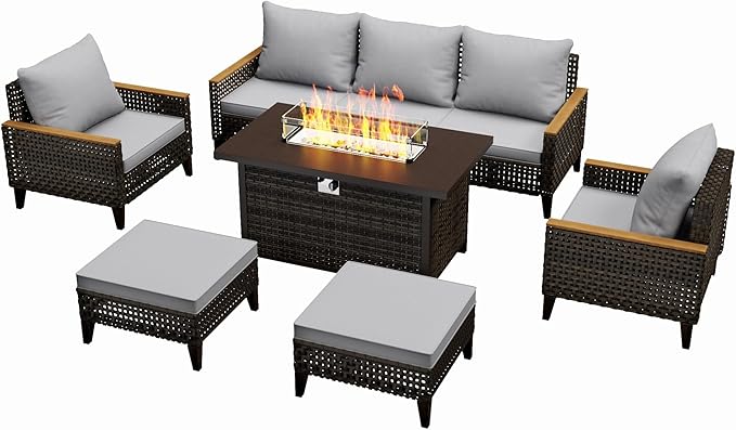 Xmkmvk 8 Piece Patio Sectional Sofa Set with 50000 BTU Fire Pit Table, All-Weather Wicker Rattan Outdoor Conversation Set, High Back, for Garden, Porch, Poolside, Gray