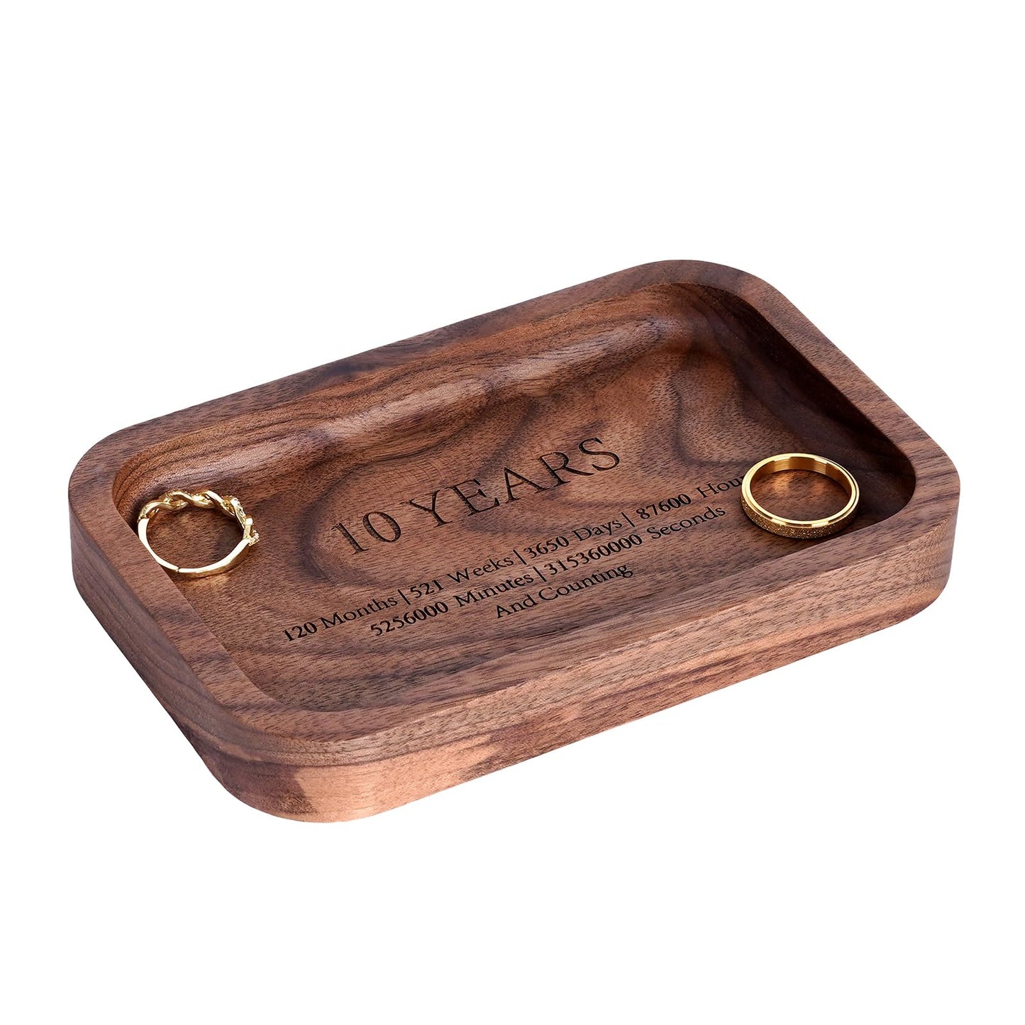 10 Years Anniversary Wood Tray Gifts for Him/Her, Wooden Engraved Ring Dish, Wood Trinket Dish for Wedding Anniversary, Birthday, Valentines Day Gifts for Husband, Wife - 5.5x3.5 Inch