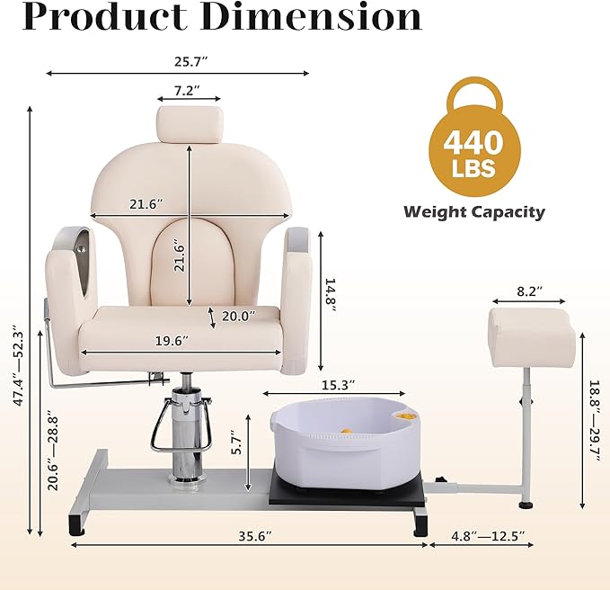 Pedicure Station No Plumbing, Hydraulic Pedicure Chair for Nail Tech, Height Adjustable Reclining Pedicure Station Unit, 360 Degree Swivel Foot Spa Chair with Massage Foot Bath (White)
