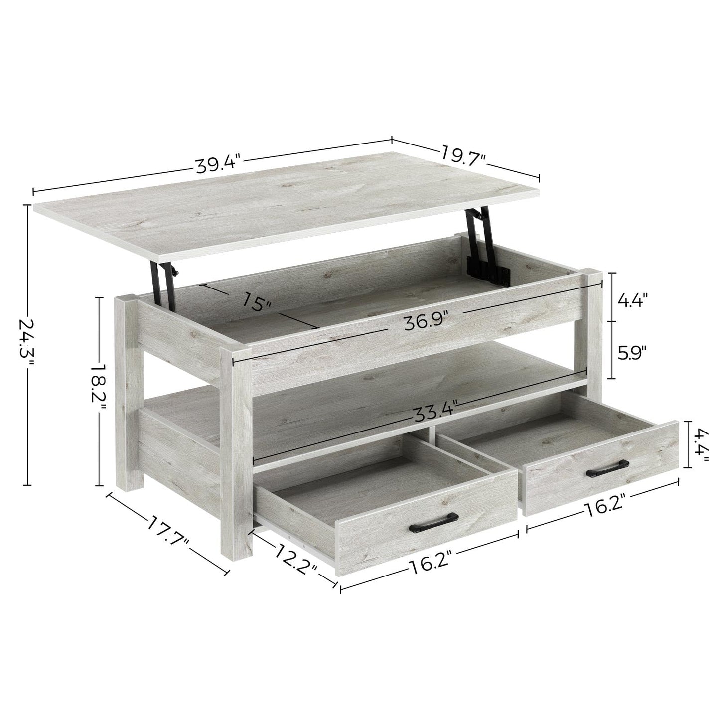 Rolanstar Coffee Table, Lift Top Coffee Table with Drawers and Hidden Compartment, Living Room Table with Wooden Lift Tabletop, for Living Room, Grey