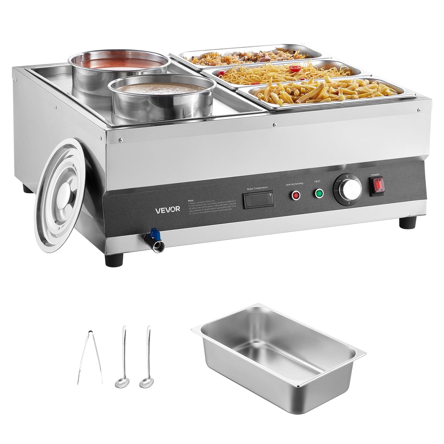 VEVOR Electric Soup Warmer, Two 6.34QT Pots & Three 1/3 Pans, Stainless Steel Commercial Food Warmer with 86~185°F Adjustable Temp, 1500W Bain Marie, Soup Station for Restaurant, Buffet
