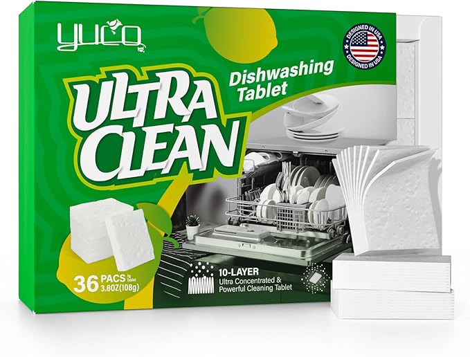 YCUO Dishwashing Pods,100% Pure Natural Plant-Based Solid Dishwashing Detergent Tablet, Removes Oil and Coffee Stains,Fresh Lemon Fragrance, Enhances Luster,Protects The Color of Tableware,36 Tablets
