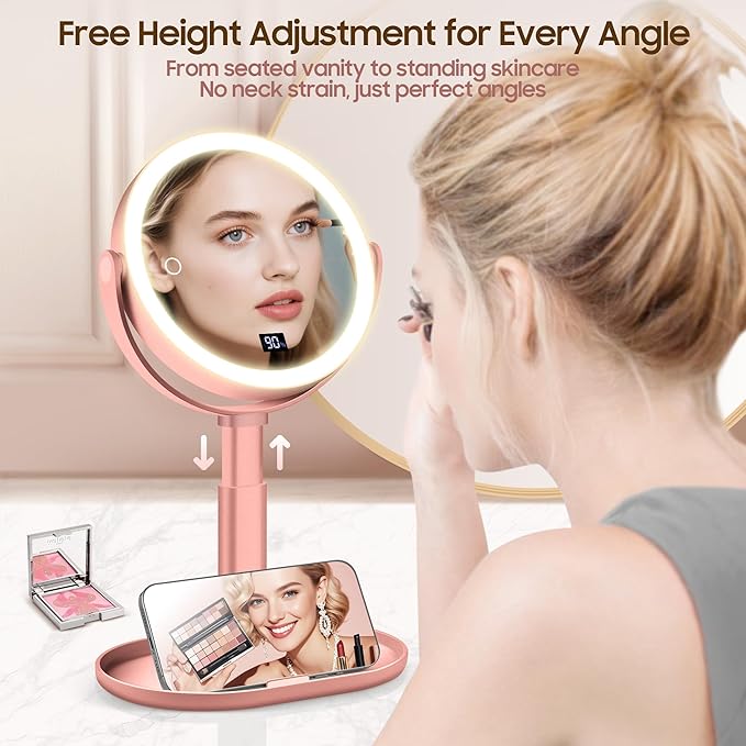 Makeup Magnifying Mirror with Light 30X/1X, Digital Display, 2-Sided Touch Control, Makeup Mirror with 3 Color Lights,360° Rotate, Height Adjustable Lighted Magnifying Mirrors for Desk Travel