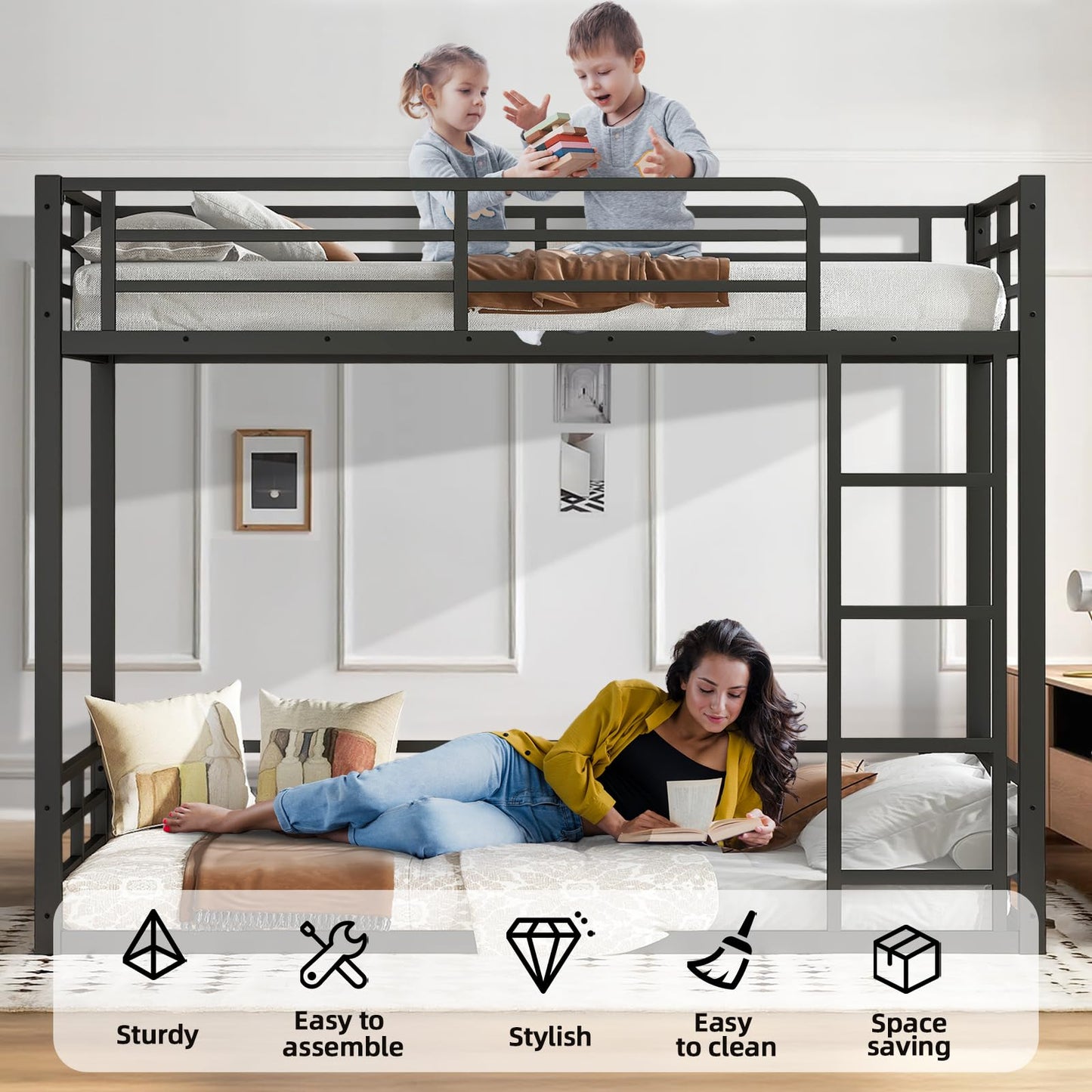HKOLIE Twin XL Over Twin XL Metal Bunk Bed Frame, Heavy Duty Low Bunk with Full Length Guardrails, Noise-Free Design, Space-Saving Bed for Kids Teens Adults, Black