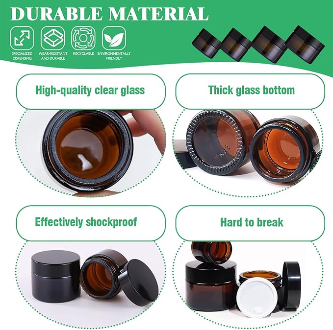 192Pcs 5g 10g 15g 20g Amber Glass Jars Assorted Kit with Black Lids, Inner Liners, Spoons and blank labels for Storing Lip and Body Scrub, Bath Salts, Lotion, Body Butter
