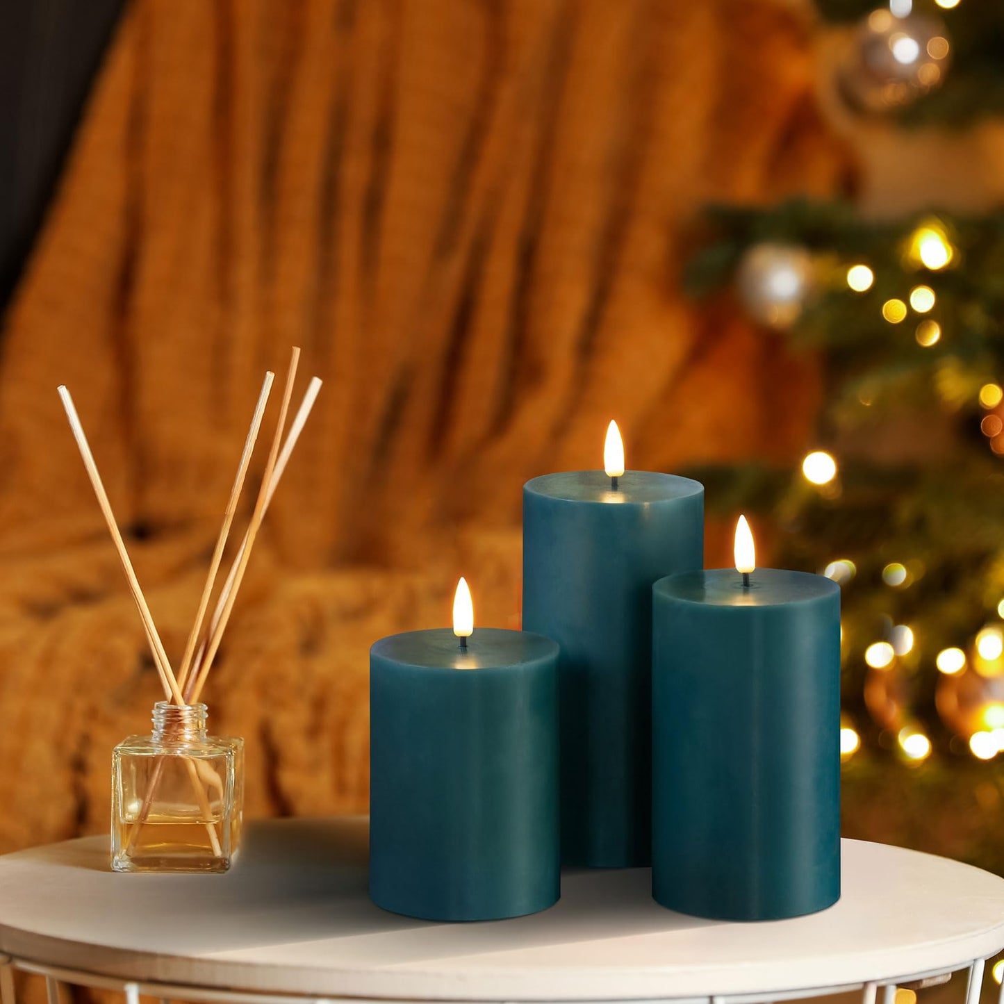 Girimax Blue Flameless Pillar Candles with Remote, Flickering Christmas LED Wax Candles Battery Operated Set of 3