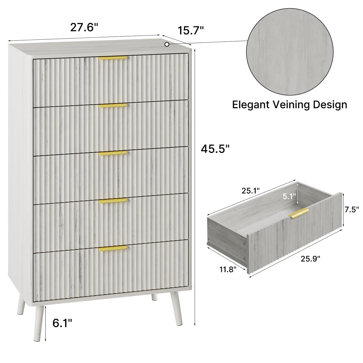 LYNSOM Fluted 5 Drawers Dresser, 45" Tall Modern Chest of Drawers with Curved Profile Design and Metal Handle, Wood Drawer Organizer for Bedroom, Living Room, Hallway, Entryway, White