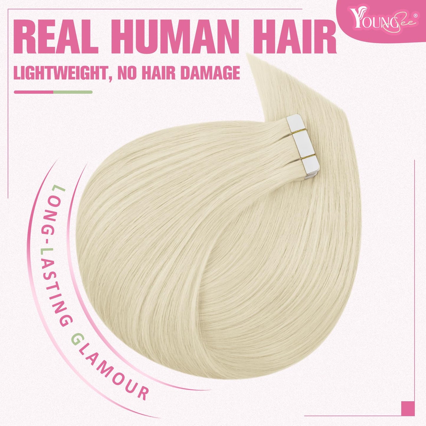 YoungSee Platinum Blonde Tape in Hair Extensions Real Human Hair 22In Platinum Blonde Tape in Hair Extensions 20pcs Invisible Ta