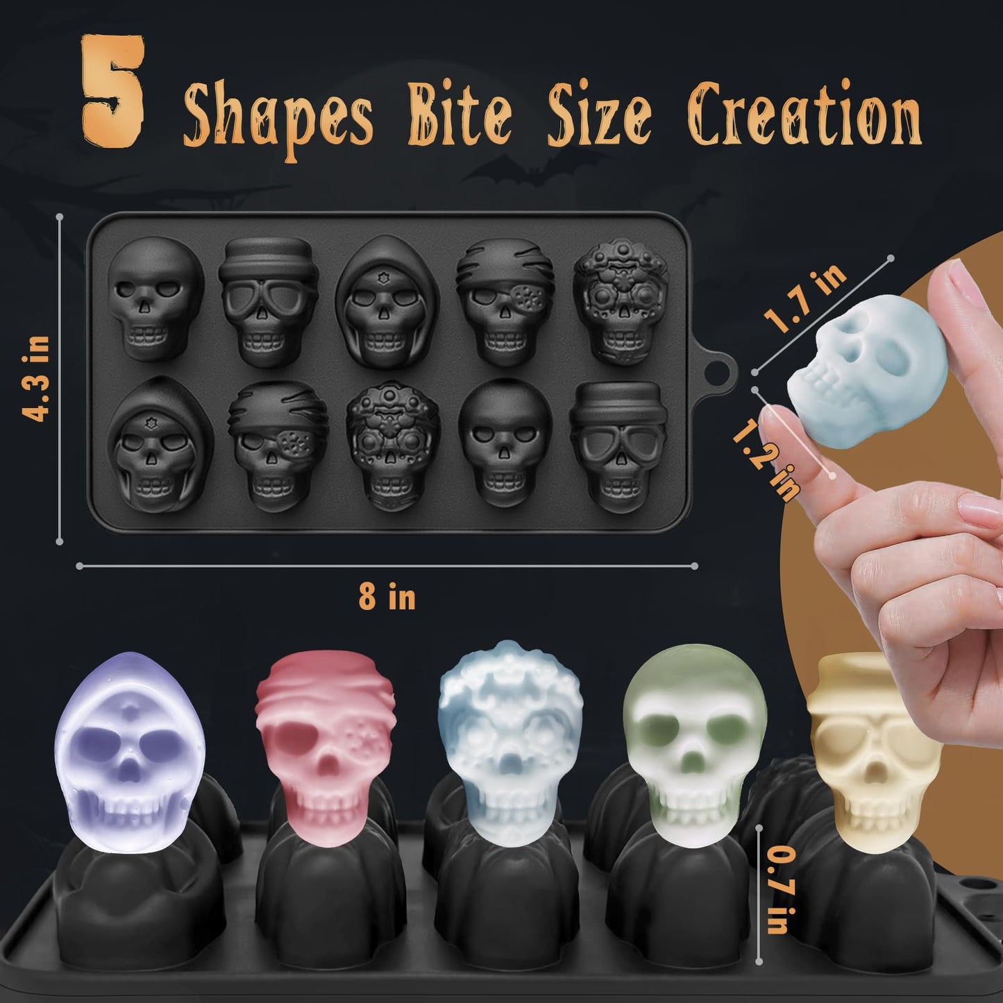 Skull Silicone Molds Halloween 2 Pack 10 Cavity for Chocolate Candy, Freezing Yogurt Wax Melts 3D Tray 5 Head Shapes Food Grade Baking Mould Oven Safe Treat or Trick Kids Homemade DIY Party