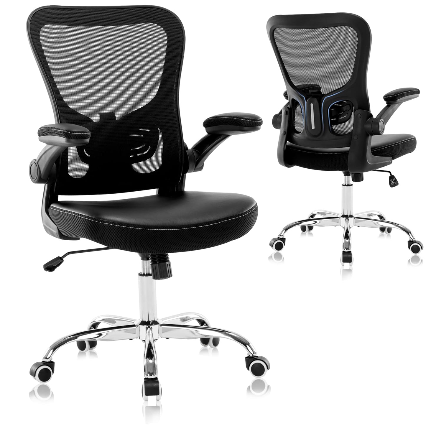 Office Chair, Mesh Ergonomic Desk Computer Chair with PU Leather Flip-up Armrest, Home Task Chair with Lumbar Support, Adjustable Executive Mid Back, Rolling Swivel,Black