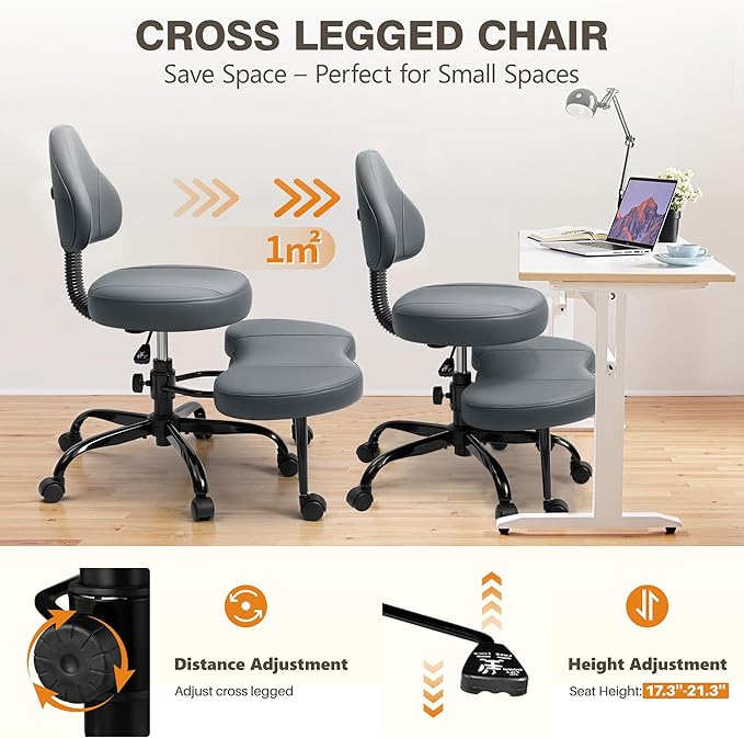 Cross Legged Office Chair, Criss Cross Desk Chair ADHD Meditation Kneeling Yoga Seat with Adjustable Height, Lumbar Support, Wider Footrest and Wheels (Dark Gray)