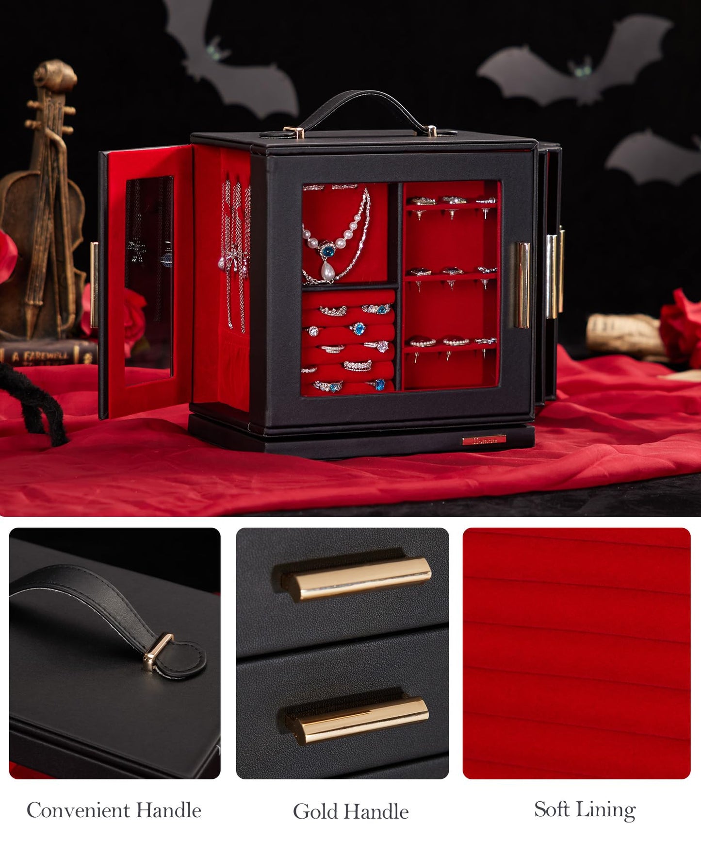 Homde Jewelry Box 360° Rotating, Necklace Earring Organizer with Transparent Window, Mirror, 7 Drawers, Large Ring Display Storage Case for Girls Women (Black + Red)