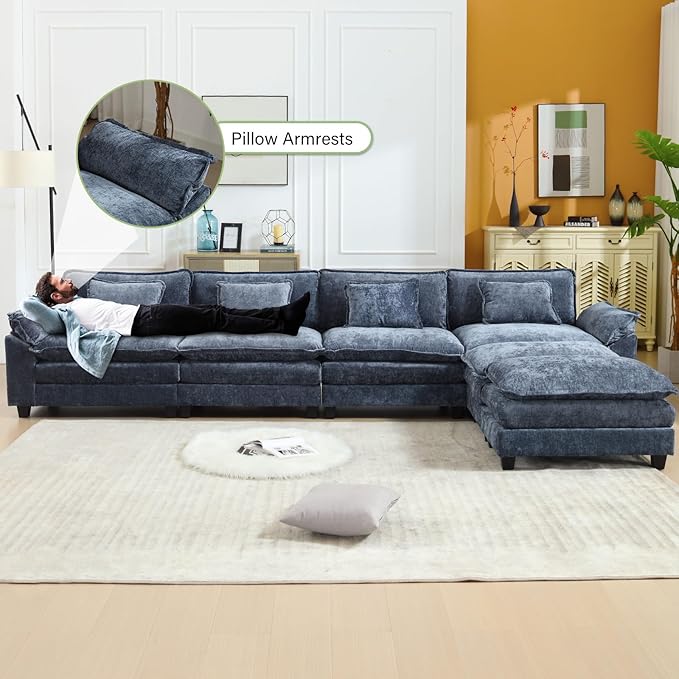 Oprisen 154" Modular Sectional Sofa, Comfy Cloud Couch Sectional Sofa with Ottoman, Chenille Sofa Sleeper Deep Seat Sofa with Throw Pillows for Living Room (Blue, 154"- U Shape)