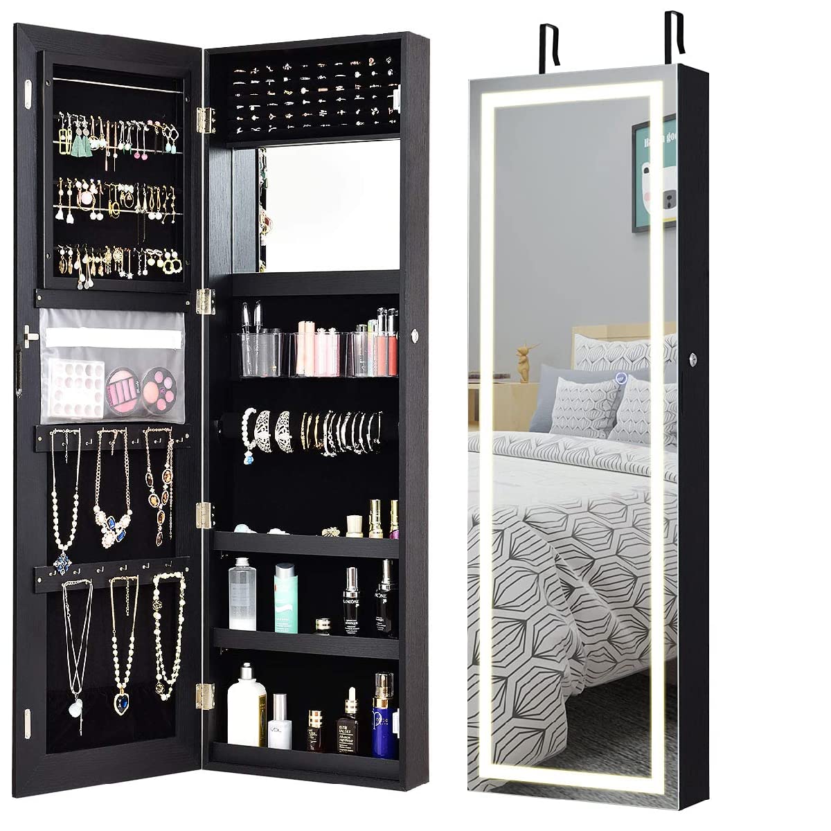MAT EXPERT Wall/Door Mounted Mirror Jewelry Armoire, Jewelry Cabinet w/LED Lights & Touch-Screen Lighted Mirror, Makeup Jewel Storage Hanging Cabinet, Lockable Dressing Jewelry Organizer (Black)