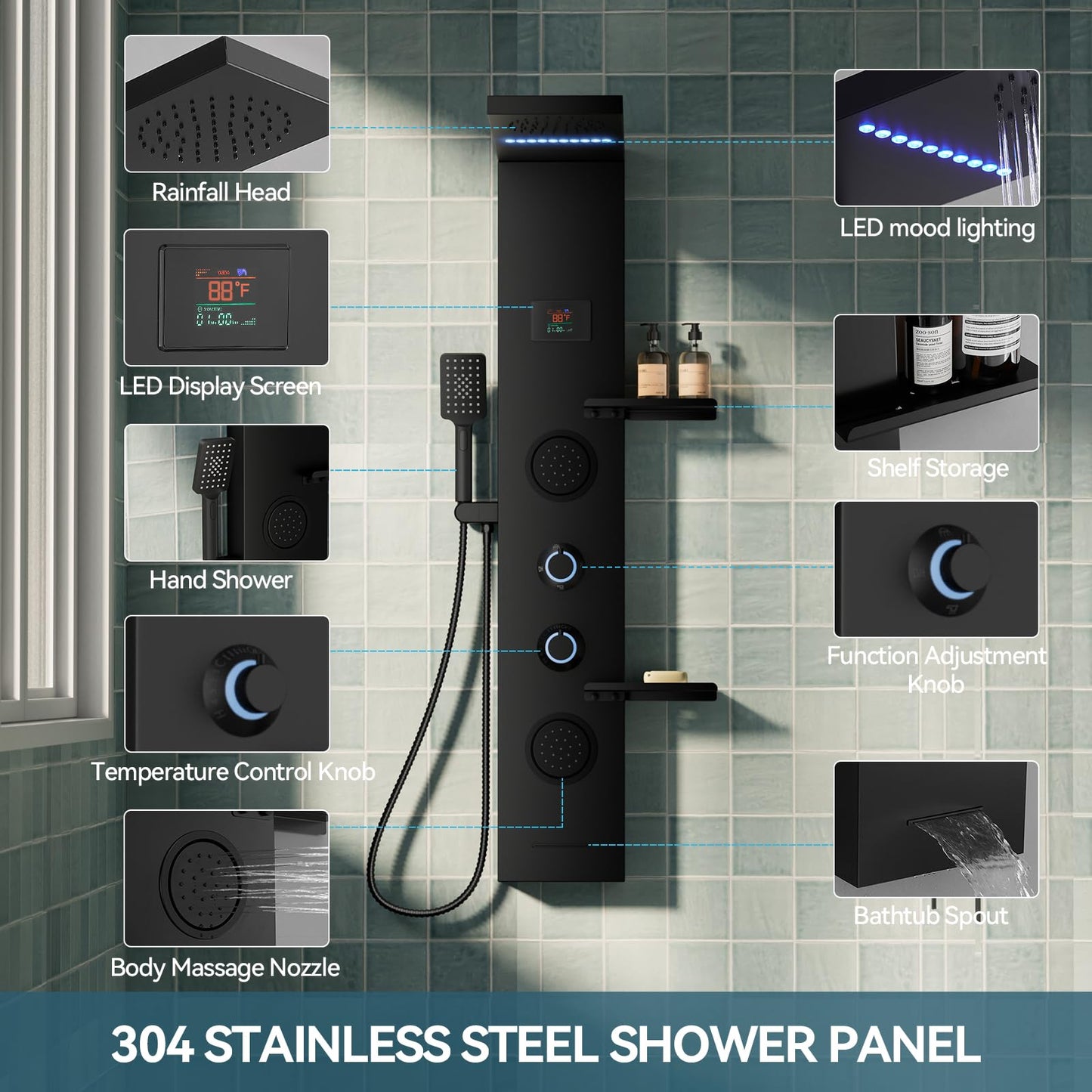 BATHLAVISH 5 in 1 Black Shower Panel Tower System With Storage Shelf, 304 Stainless Steel Shower Tower with Rainfall Shower Handheld and Tub Spout, Powerful Body Jets, Wall-Mounted Shower Set