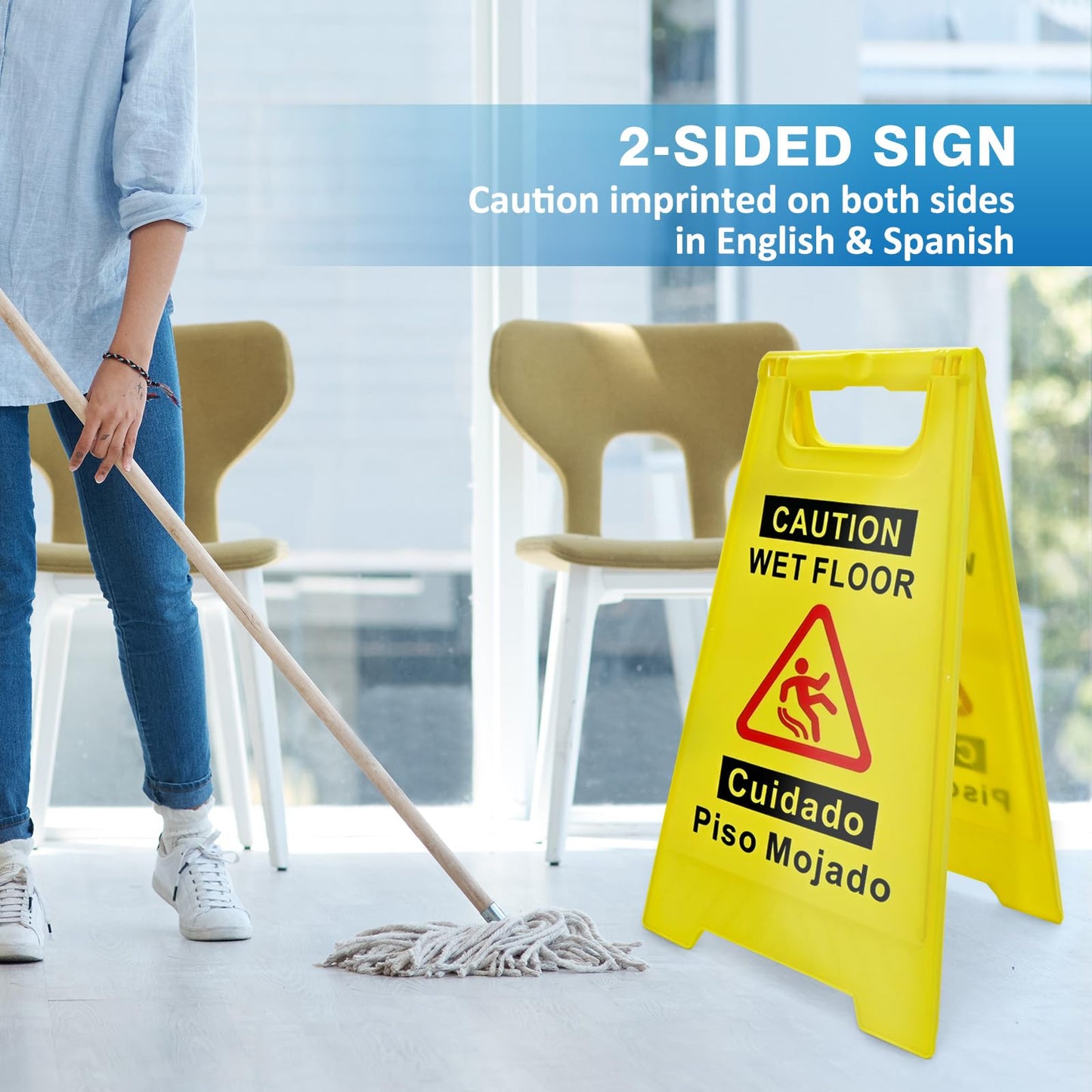 YOLNEXI 2 Pack Caution Wet Floor Sign, 17.5" Height, Bright Yellow, Double-Sided A-Frame Safety Caution Sign Commercial, Bilingual Caution Message