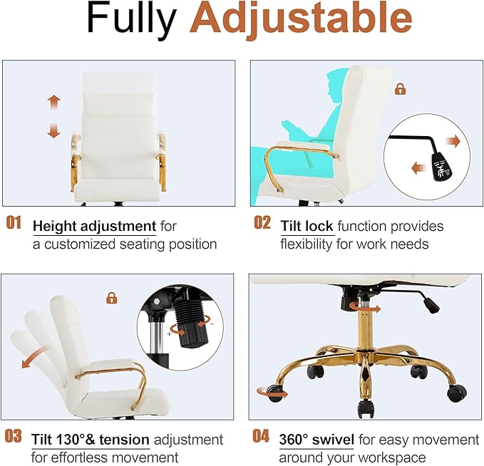 BOWTHY White and Gold Office Desk Chair, Modern Leather Conference Room Chairs, High Back Ergonomic Home ofiice Chair, Adjustable Height Swivel Executive Computer Chair with Padded Seat and Armrest