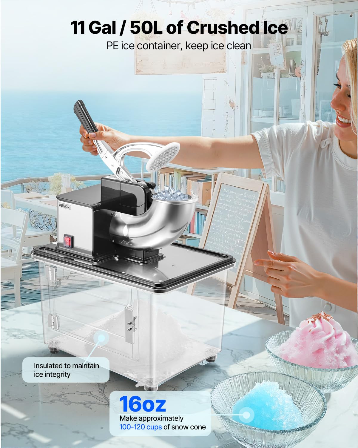 VEVOR Commercial Ice Crusher 661LBS/H, 350W Electric Snow Cone Machine with 4 Blades, 2000RPM Stainless Steel Shaved Ice Machine with 11 Gal Crushed-Ice Box, for Family Restaurants Bars, Black