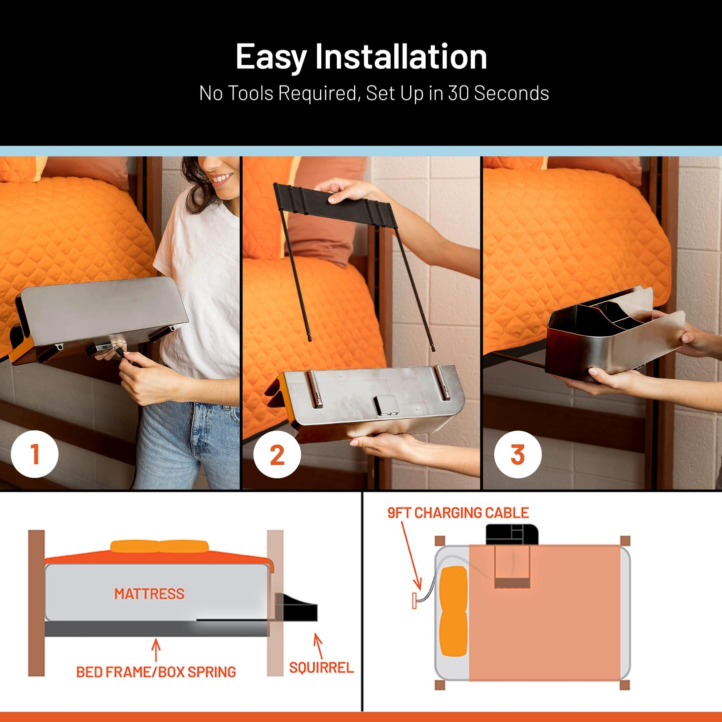 Squirrel Gray Bedside Perch – Perfect dorm gift & small space essential! USB-C & A charging, cup holder fits Hydro Flask, YETI, S'well. Organizes phone, iPad & more on lofted beds, couch, etc.