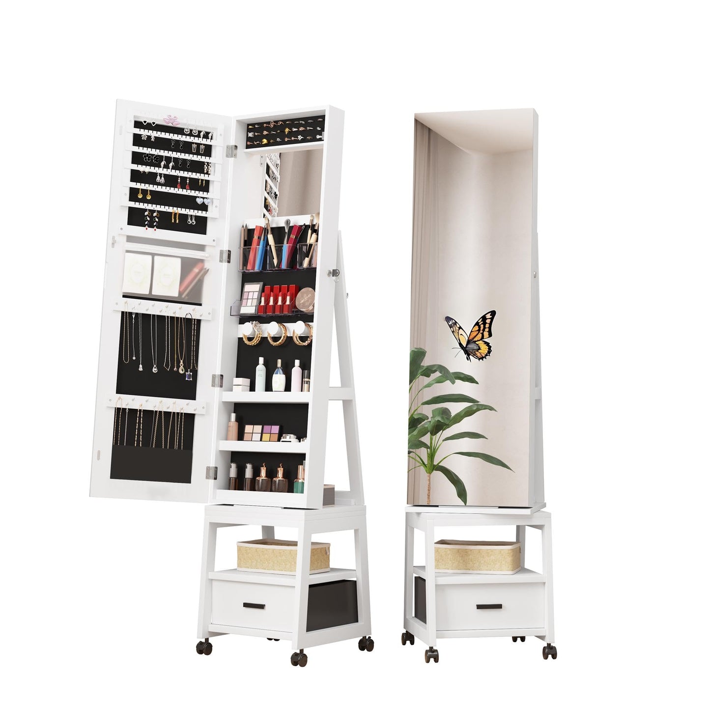 Takywep 360° Swivel Jewelry Armoire with Storage Shelf & Drawer, 66" H Full-Length Mirror Jewelry Armoire, Floor Standing Jewelry Organizer Cabinet with Wheels, White