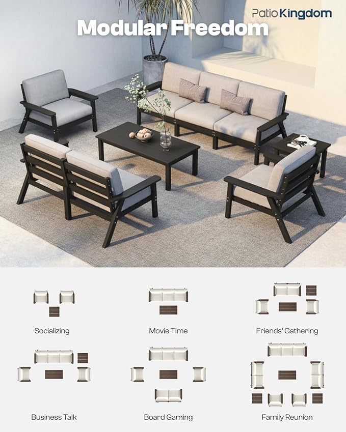 Patio Kingdom 7 Piece Patio Conversation Sets, Outdoor Couch with Washable Thick Gray Cushions, HDPE Patio Furniture Set, Outdoor Sectional Furniture for Backyard, Deck, Lawn, Porch (Black Frame)