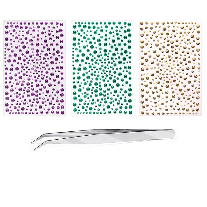 Mardi Gras Face Gems Self-Adhesive Face Jewels Stickers for Makeup, Green Purple Gold Festival Glitter for Mardi Gras Rave...