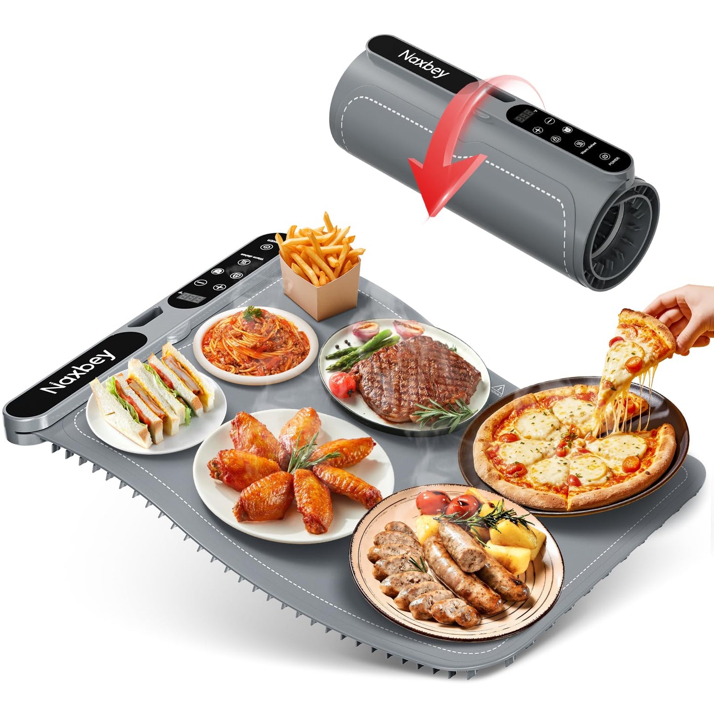 NAXBEY Warming Mat for Food, Food Warmers for Parties Buffet, Foldable Food Warming Mats for Countertops and Daily Use with Timer and 7 Temperature Levels, with one-touch heating button, 15"x23.6"