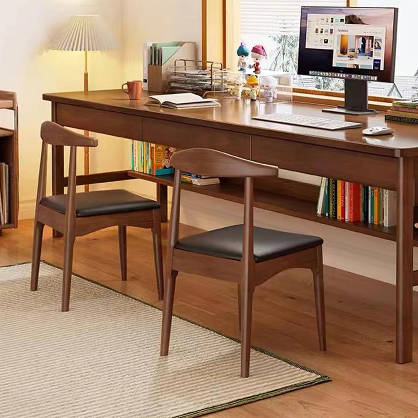 Ytaoka Solid Wood Dining Chairs Set of 2, Mid Century Dining Chairs, Upholstered PU Leather Chairs with Wide Curved Backrest, Chairs for Dining Room, Kitchen, Walnut Finish