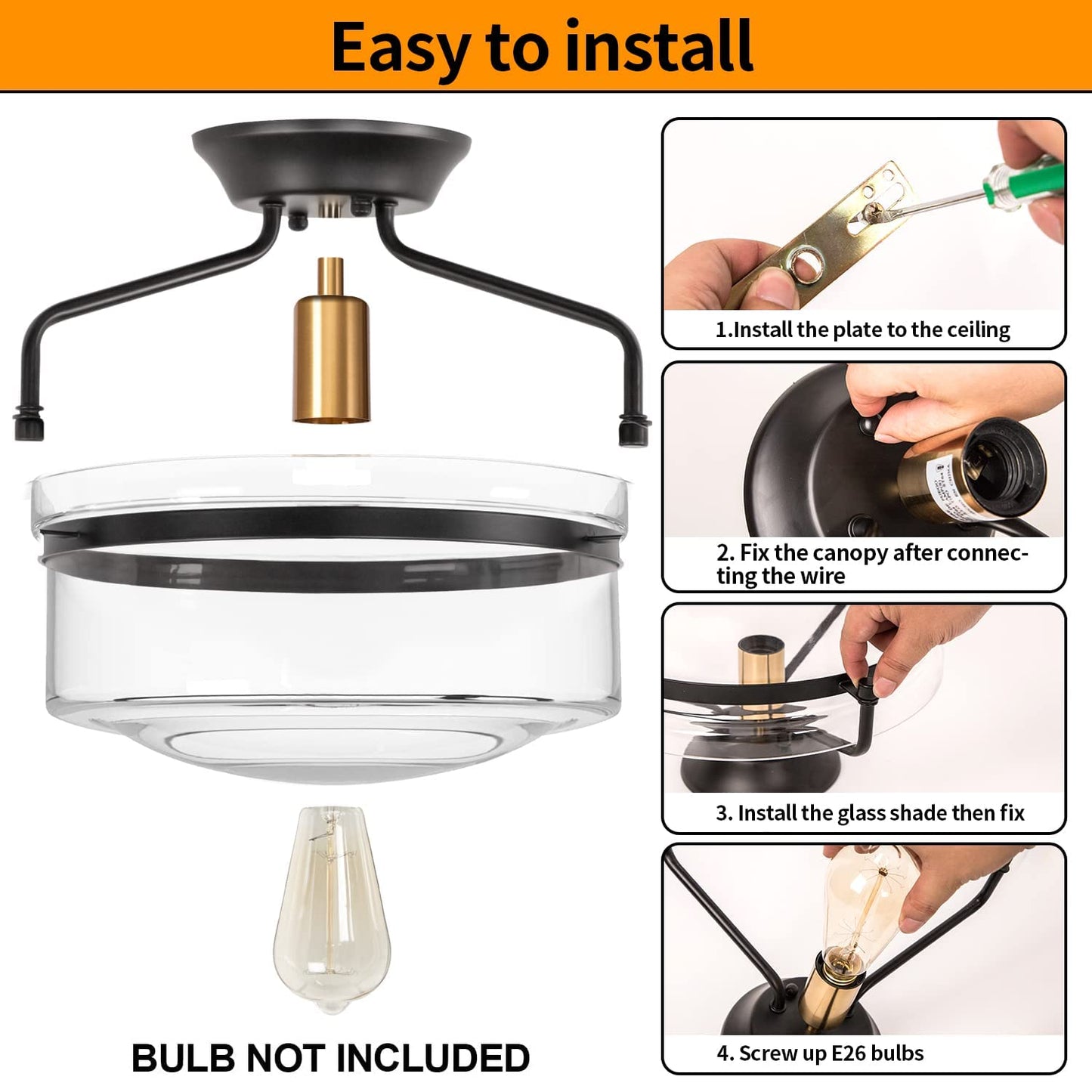 Ledsyonda Semi Flush Mount Ceiling Light, 14.2" Farmhouse Fixture, Industrial Black and Gold Finish With Clear Glass for Hallway, Porch, Kitchen