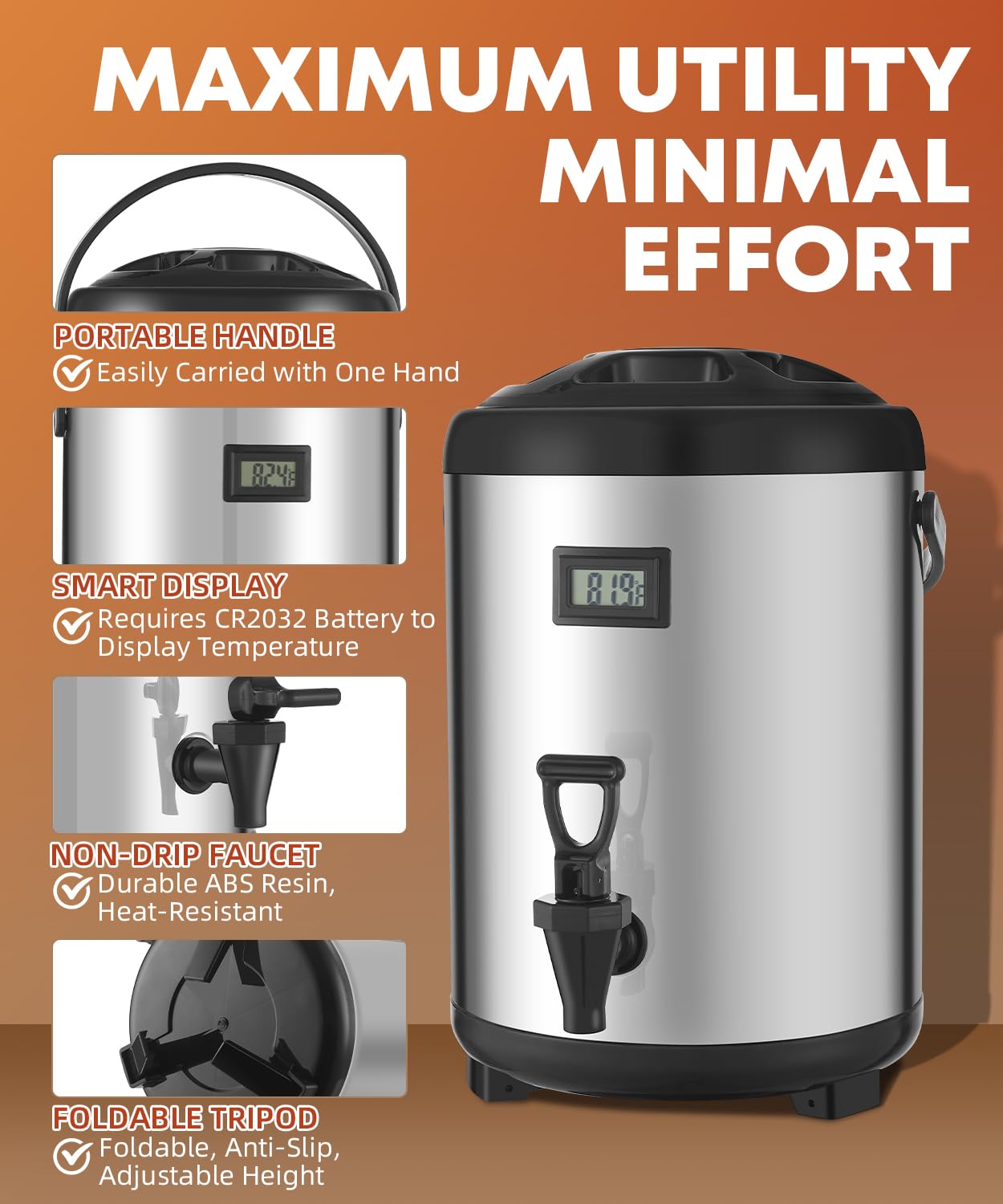 THXSUN 3.2 Gallon Insulated Beverage Dispenser, 12L Thermal Coffee and Drink Server with Spigot, Non-Electric Hot & Cold Drink Container for Juice, Tea, Milk, or Chocolate