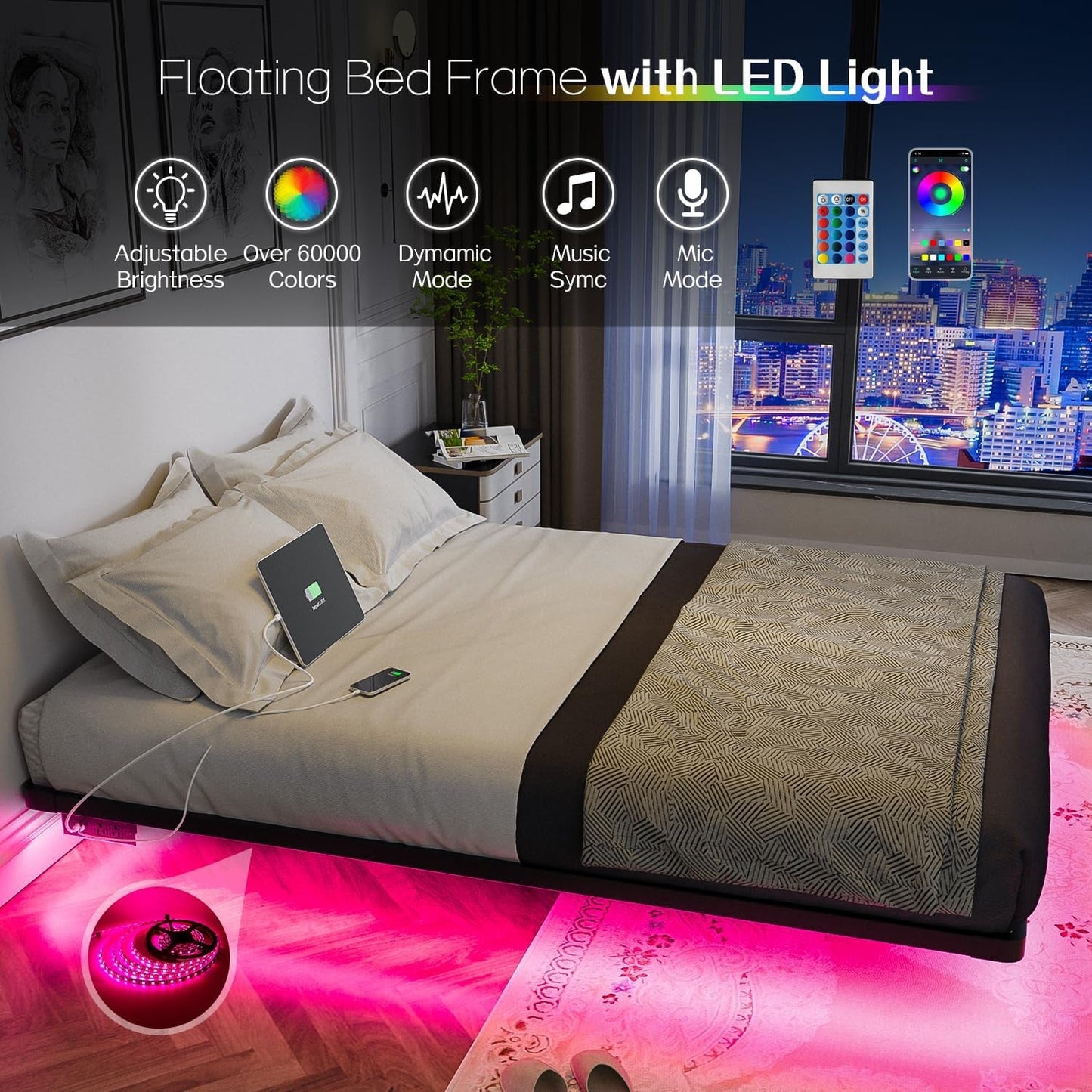 Floating Bed Frame Full Size with Smart LED Lights and Charging Station - Modern Metal Platform Bed, Easy Assembly No Box Spring Needed