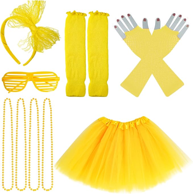 jiebor 80s Costume Outfits Accessories for Girls Tutu Skirt Leg Warmers Fishnet Gloves Shutter Glass Headband Necklace