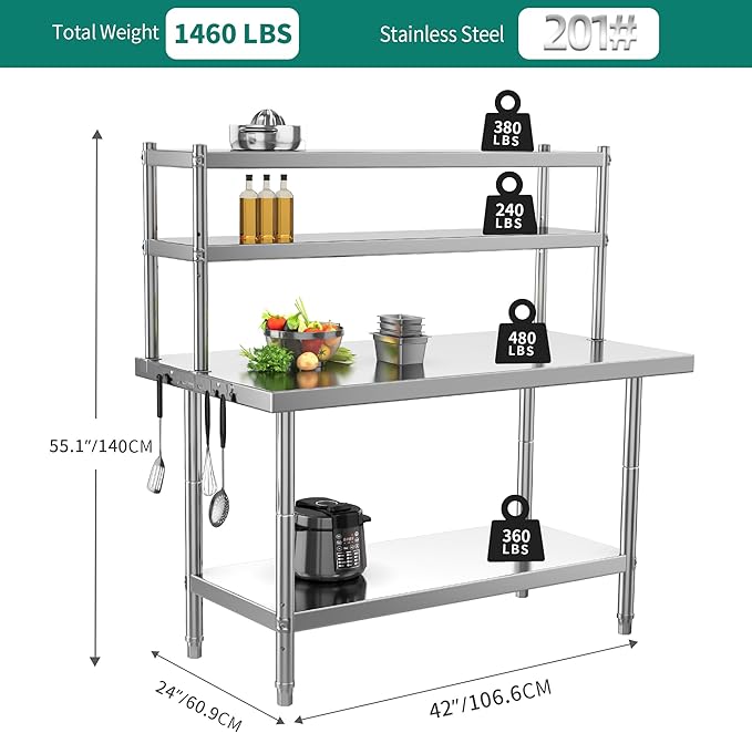 YITAHOME NSF Stainless Steel Table with Overshelves, 42" X 24" Work Table with 42" X 12" Shelf, Metal Table Prep Table for Home Kitchen Restaurant Garage Warehouse