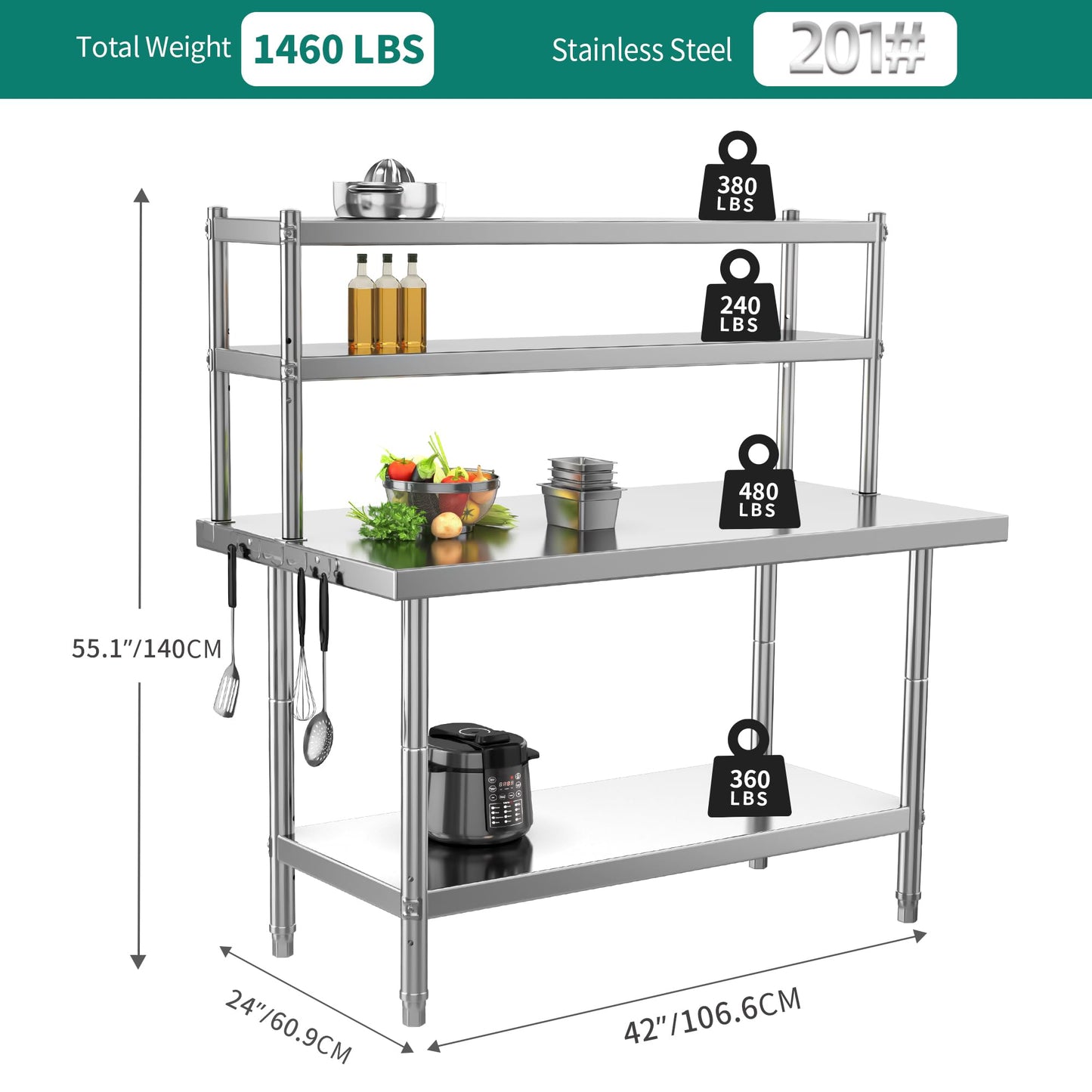 YITAHOME NSF Stainless Steel Table with Overshelves, 42" X 24" Work Table with 42" X 12" Shelf, Metal Table Prep Table for Home Kitchen Restaurant Garage Warehouse