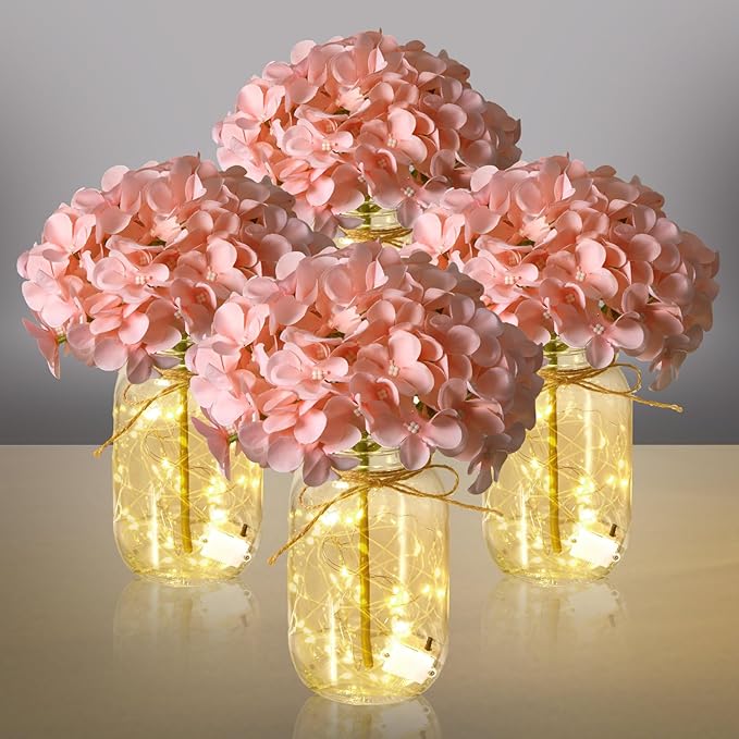 Juinte 4 Sets Mason Jar with Lights Pink Hydrangea Decorative Pink Centerpieces for Tables Mason Jars Flowers Decorations ...