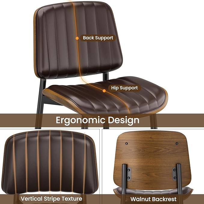 YaFiti Dining Chairs Set of 8, Mid Century Modern Dining Room Kitchen Chairs, Upholstered PU Leather Vertical Stripe Chairs for Vanity with Walnut Bentwood and Metal Legs, Brown