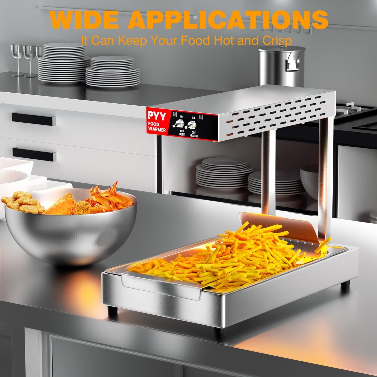 PYY Commercial French Fry Warmer - Food-Grade 304 Stainless Steel Countertop Free-Standing Heat Lamp, 450W with Removable Drip Pan, One-Button Operation for Chips Churros Fried Foods, Silver