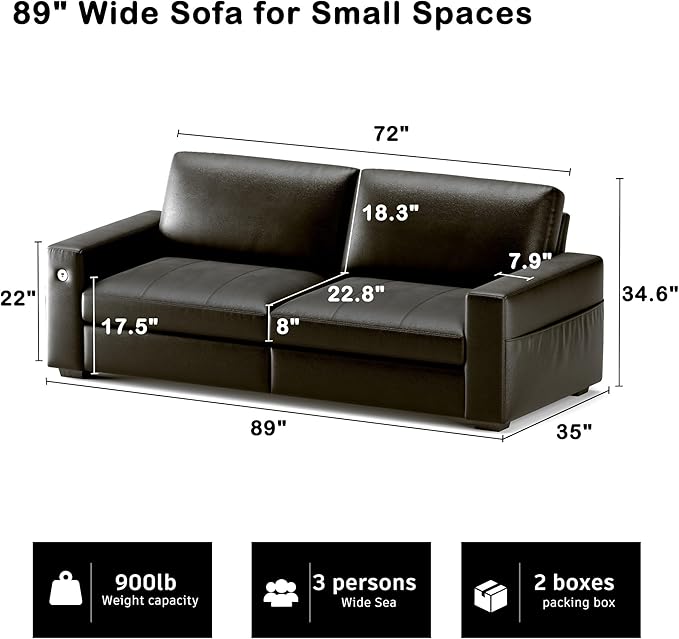 Hanherry Faux Leather 89" Sofa for Living Room, Modern Comfy Couch with Medium Firm Seat Cushion, Removable Cover,Wide Armrest,USB/Type-C Port,Couches for Small Space,Apartment