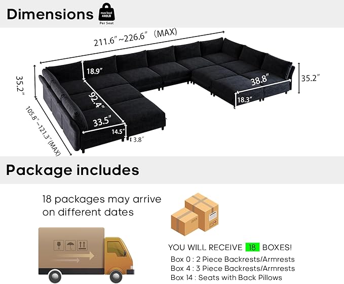 DreamDashio 226" Oversized Modular Sectional Sofa with Deep & Storage Seat, Large U Shaped Sectional Couch for Living Room with Versatile Armrest, High Backrest, 14 Seater, Dark Grey Chenille