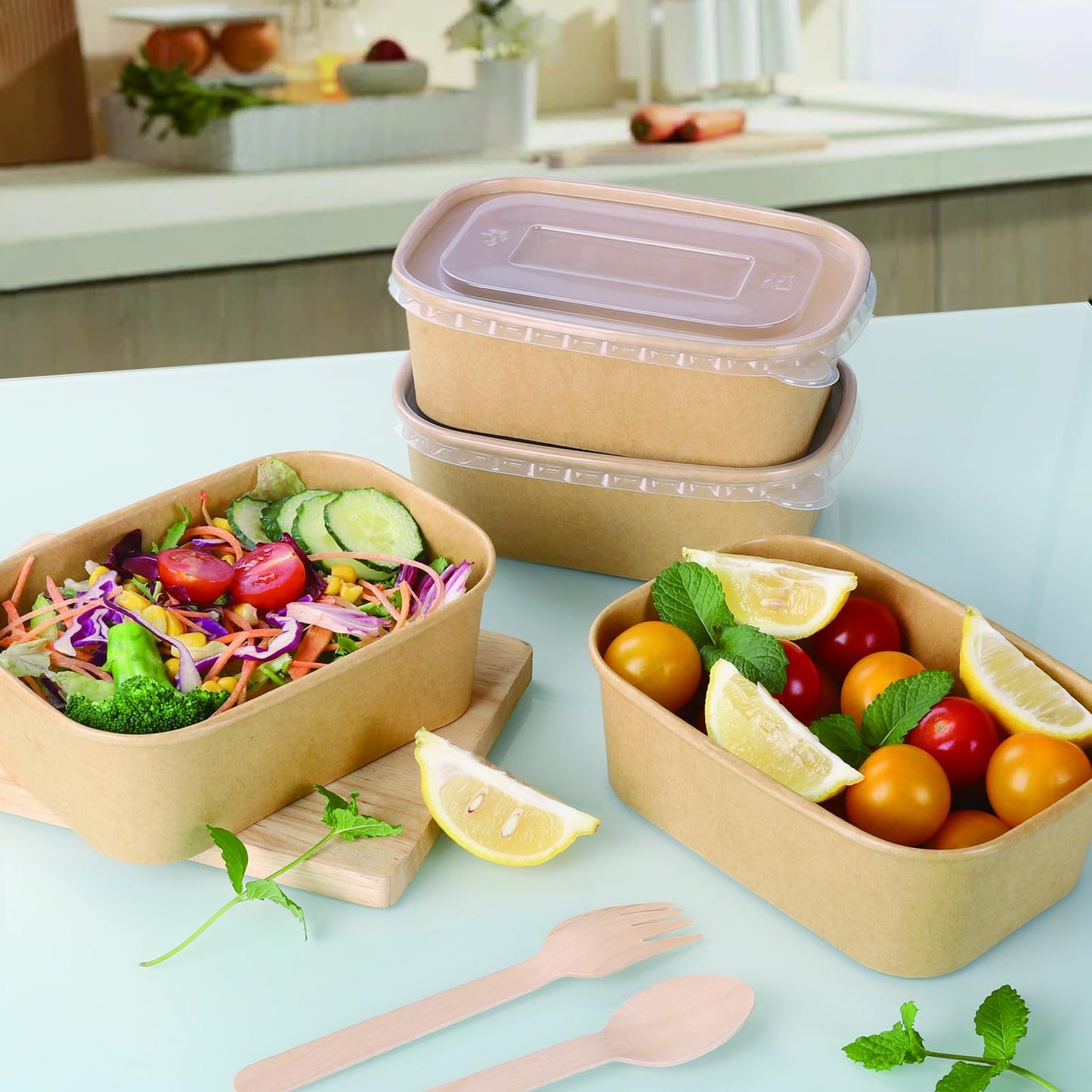 Belinlen 50 Sets 25oz Disposable Kraft Paper Bowls with Lids, Rectangle Paper Food Containers with Lids, Salad Bowls for Hot/Cold Food, Soup, Meal Prep, Ice Cream, Takeout, Party Supplies(750ml)