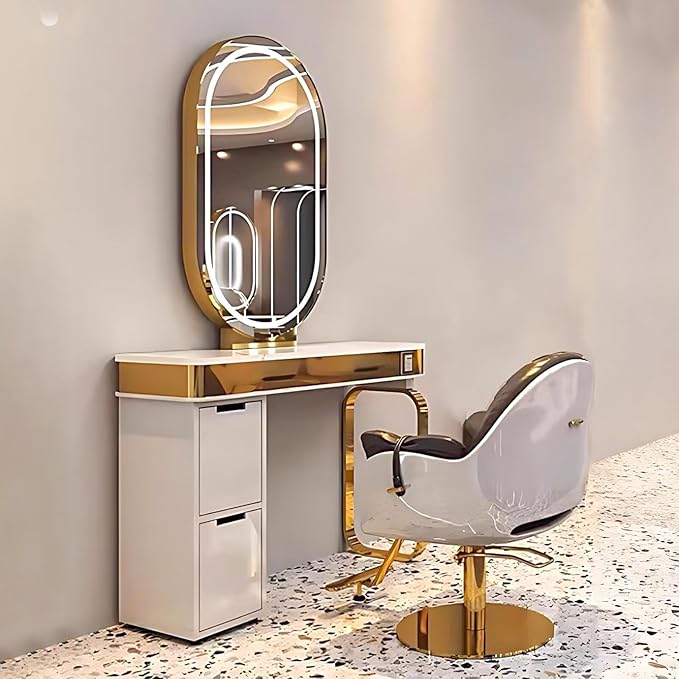 Golden Salon Station for Hair Stylist (Oval LED Mirror)(Storage Cabinets), Barber Station with Light Luxury Style